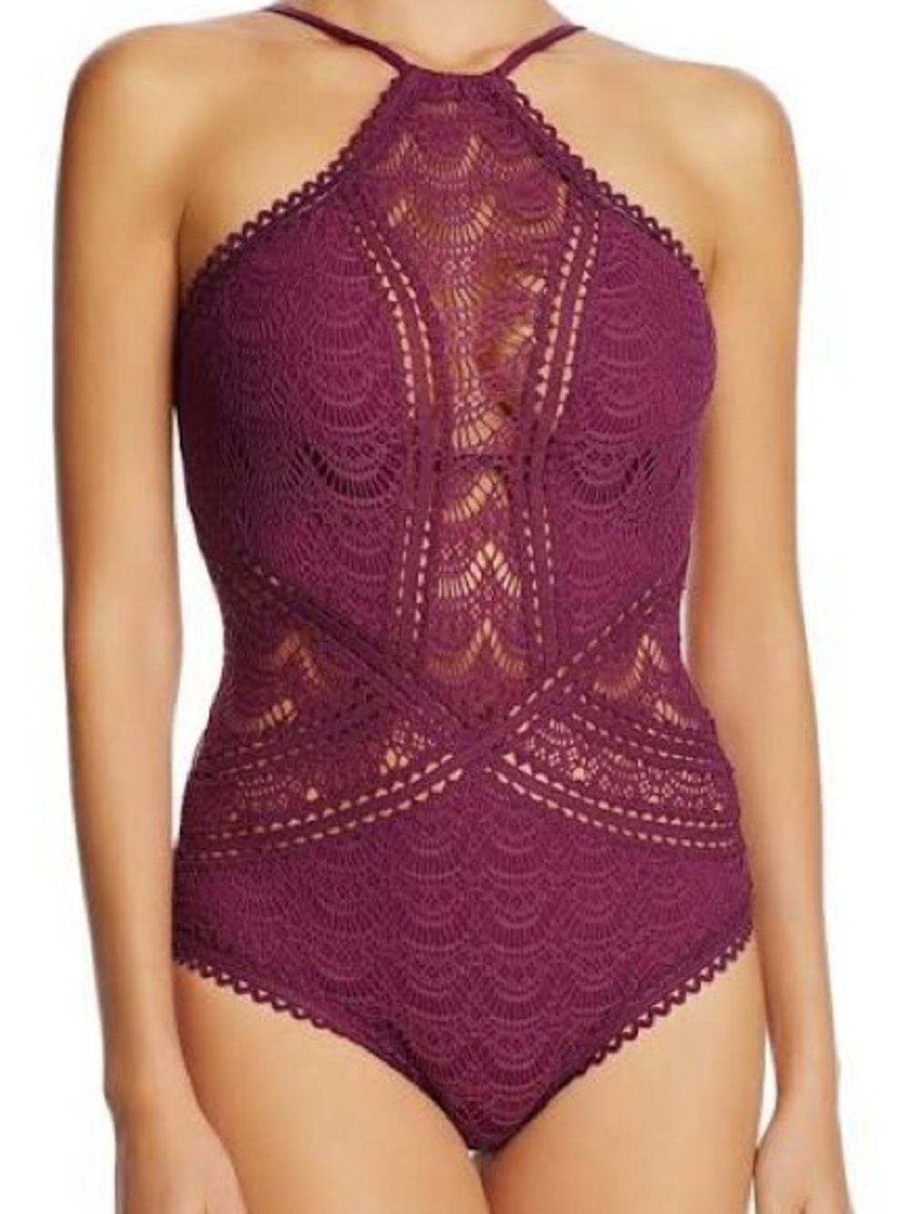 BECCA by Rebecca Virtue Raisin Crochet HighNeck Illusion OnePiece Swimsuit